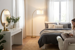 Modern Linen Floor Lamp - Tall Gold Reading Light, Freestanding, White Shade - thumbnail 6