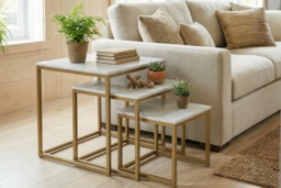 3pc Industrial Nesting Coffee Table Set with Woodgrain Tops & Metal Frame - 3 Colours - thumbnail 2