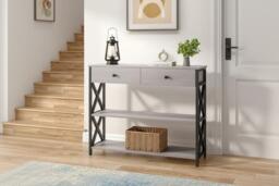 Rustic Narrow Console Table with Drawers and Open Shelves - Grey - thumbnail 3