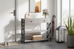 Rustic Narrow Console Table with Drawers and Open Shelves - Grey - thumbnail 8
