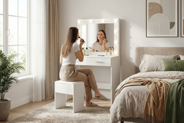 PRICE DROP! Seraphina White Contemporary Dressing Table & Stool Set with LED Mirror - 2 Storage Drawers, Space-Saving Bedroom Vanity - image 1