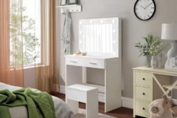 PRICE DROP! Seraphina White Contemporary Dressing Table & Stool Set with LED Mirror - 2 Storage Drawers, Space-Saving Bedroom Vanity - thumbnail 7