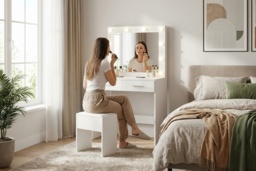 PRICE DROP! Seraphina White Contemporary Dressing Table & Stool Set with LED Mirror - 2 Storage Drawers, Space-Saving Bedroom Vanity