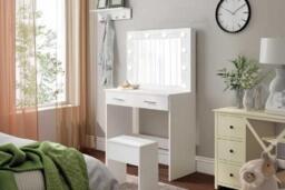 PRICE DROP! Seraphina White Contemporary Dressing Table & Stool Set with LED Mirror - 2 Storage Drawers, Space-Saving Bedroom Vanity - thumbnail 3