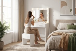 PRICE DROP! Seraphina White Contemporary Dressing Table & Stool Set with LED Mirror - 2 Storage Drawers, Space-Saving Bedroom Vanity - thumbnail 4