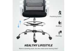 Ergonomic Mesh Office Draughtsman Chair - Adjustable Height, Lumbar Support, Foot Ring, Black, 120kg Capacity - thumbnail 4
