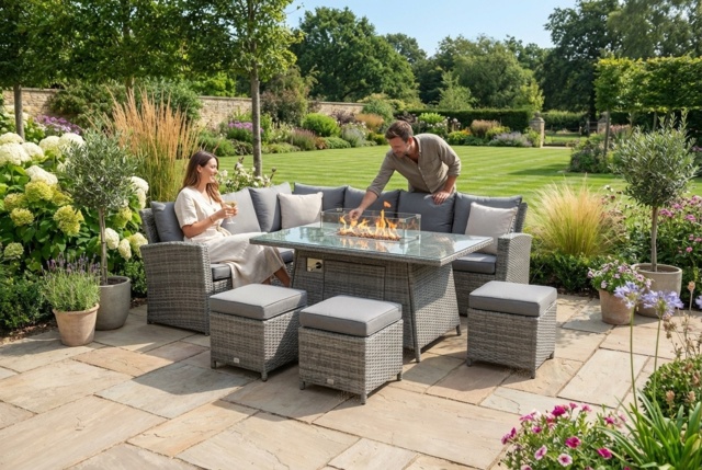 8-Seater Grey Rattan Corner Dining Set with Fire Pit Table - Modern Weather-Resistant Outdoor Furniture - image 1
