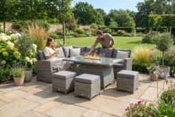 8-Seater Grey Rattan Corner Dining Set with Fire Pit Table - Modern Weather-Resistant Outdoor Furniture - thumbnail 1