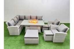 8-Seater Grey Rattan Corner Dining Set with Fire Pit Table - Modern Weather-Resistant Outdoor Furniture - thumbnail 2