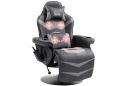 Grey Faux Leather Ergonomic Recliner Chair with 6-Point Massage, Remote, Cup Holders & Swivel Base - Lounge Seating, 120kg Capacity