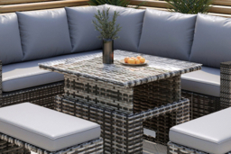 Grey Rattan 9-Seater Corner Garden Sofa Rising Table Set and 2 Benches - thumbnail 8