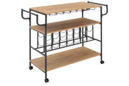 Rolling Bar Cart with Wine Rack, Glass Holders & 3 Shelves