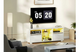 "Contemporary High Gloss TV Stand Cabinet with LED Lights & Storage - MDF & Glass, Fits up to 55"" TVs" - thumbnail 6