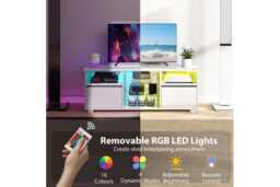 "Contemporary High Gloss TV Stand Cabinet with LED Lights & Storage - MDF & Glass, Fits up to 55"" TVs" - thumbnail 4
