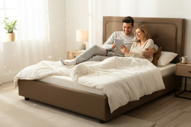 Contemporary Brown Ottoman Fabric Storage Bed - Kingsize, Modern Design - image 1