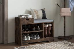 Wooden Shoe Storage Bench with Upholstered Seat - 3 Colour Options, Modern Hallway Organiser - thumbnail 4
