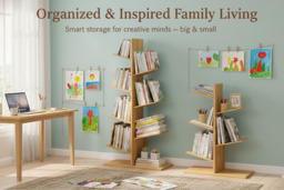 PRICE DROP! 5 or 7-Tier Wooden Bookcase - Tree- Design, Angled Tiers & Natural Wood - thumbnail 2