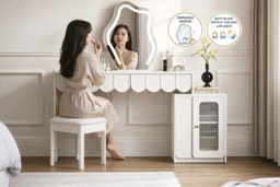Doris Dressing Table with Cloud Mirror, LED Lights & Cabinet Storage - thumbnail 1