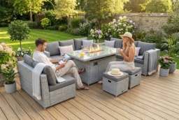 Luxury Weather-Resistant PE Rattan 8-Seater Garden Sofa Set with Fire Pit Table - Modern Outdoor Lounge Set