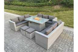 Luxury Weather-Resistant PE Rattan 8-Seater Garden Sofa Set with Fire Pit Table - Modern Outdoor Lounge Set - thumbnail 4