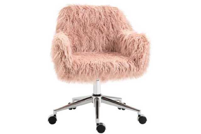 Pink Faux Fur Swivel Makeup Chair - Adjustable Height, Ergonomic Desk Accent - image 1