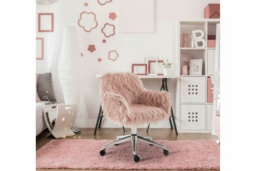 Pink Faux Fur Swivel Makeup Chair - Adjustable Height, Ergonomic Desk Accent - thumbnail 2