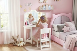 PRICE DROP! Kids White MDF Vanity Stool Set with LED Mirror - Adjustable, Child-Safe, 50kg Capacity - thumbnail 2