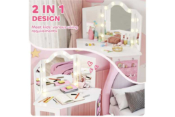 PRICE DROP! Kids White MDF Vanity Stool Set with LED Mirror - Adjustable, Child-Safe, 50kg Capacity - thumbnail 8