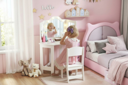 PRICE DROP! Kids White MDF Vanity Stool Set with LED Mirror - Adjustable, Child-Safe, 50kg Capacity - thumbnail 6