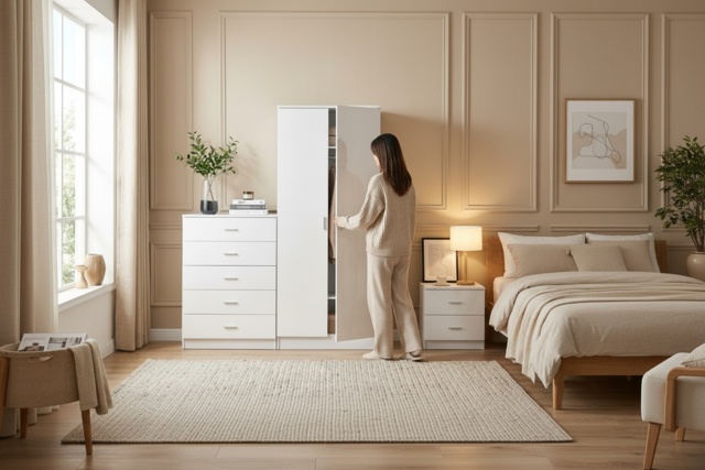 PRICE DROP! White High Gloss 3 Piece Bedroom Furniture Set - Modern Wardrobe, Chest of Drawers & Nightstand, E1 MDF, Scratch Resistant - image 1