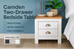 Camden Contemporary Two-Drawer Bedside Table - Metal Handles, Compact Storage, 3 Colours - thumbnail 2