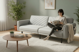 2-in-1 Convertible Sofa Bed with Adjustable Backrest, Storage, Thick Cushions, and Wooden Frame - Cream or Grey - thumbnail 6