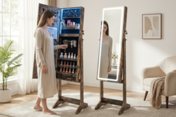 Freestanding Mirrored Jewellery Cabinet with LED Lights, Velvet Lining & Storage Drawers - Bedroom Organiser - thumbnail 5
