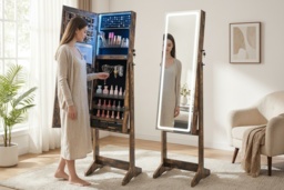 Freestanding Mirrored Jewellery Cabinet with LED Lights, Velvet Lining & Storage Drawers - Bedroom Organiser