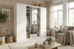 Noda Contemporary Sliding Door Wardrobe - Large Mirror, Space-Saving Storage, White/Grey/Votan Oak, 150cm or 200cm