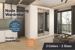 Noda Contemporary Sliding Door Wardrobe - Large Mirror, Space-Saving Storage, White/Grey/Votan Oak, 150cm or 200cm - thumbnail 2