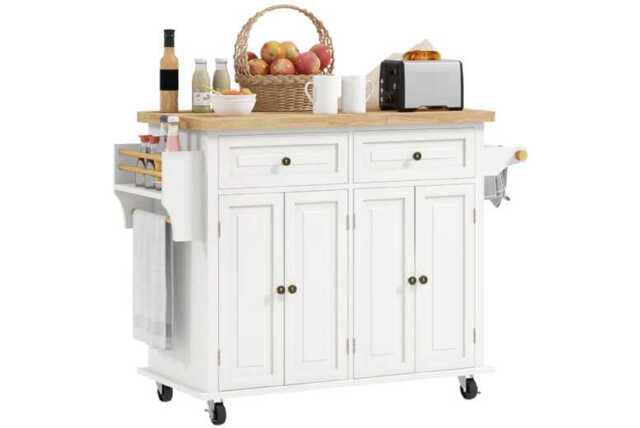 PRICE DROP! Wood Modular Kitchen Storage Trolley - Cream, Solid Rubberwood Top, 2 Drawers, Adjustable Shelves - image 1