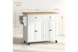 PRICE DROP! Wood Modular Kitchen Storage Trolley - Cream, Solid Rubberwood Top, 2 Drawers, Adjustable Shelves - thumbnail 3