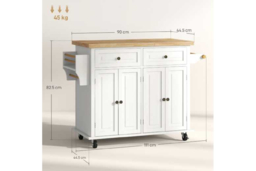 PRICE DROP! Wood Modular Kitchen Storage Trolley - Cream, Solid Rubberwood Top, 2 Drawers, Adjustable Shelves - thumbnail 7