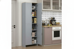 Freestanding Modular Wood Kitchen Cabinet - 4-Door Tall Storage Cupboard, Space-Saving Grey Unit - thumbnail 6
