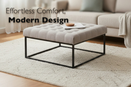 Elegant Square Linen Footstool with Contemporary Metal Frame Design - thumbnail 6