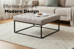 Elegant Square Linen Footstool with Contemporary Metal Frame Design - thumbnail 2