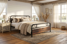 King Size Metal Bed with Brown Headboard - thumbnail 1