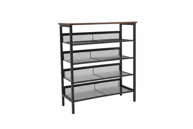 PRICE DROP! 5-Tier Mesh Shoe Rack with Wood Top - image 1