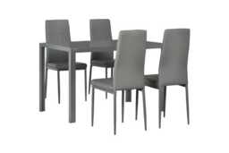 5pc Grey Glass Dining Table Set - Modern Metal Frame, Faux Leather Chairs, Seats 4