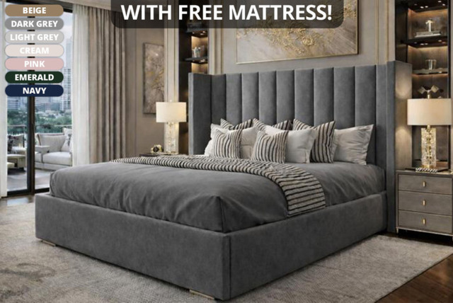 Plush Velvet Pure Wingback Upholstered Bed with Memory Foam Sprung Mattress - image 1