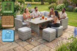 PRICE DROP! Alivio 9-Seater Outdoor Rattan Patio Furniture Set - Corner Sofa, Dining Table & Cushioned Stools - thumbnail 2