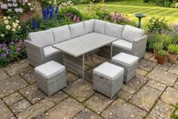 PRICE DROP! Alivio 9-Seater Outdoor Rattan Patio Furniture Set - Corner Sofa, Dining Table & Cushioned Stools