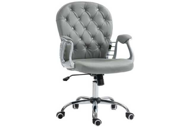 Grey PU Diamante Ergonomic Office Chair - Adjustable Swivel Home Desk Seating, Faux Leather, High Back, 120kg Capacity - image 1