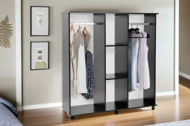 Contemporary Black Mobile Bedroom Wardrobe - E1 Chipboard, Aluminium, 2 Hanging Rails, 3-Tier Storage, Easy-Glide Wheels - image 1
